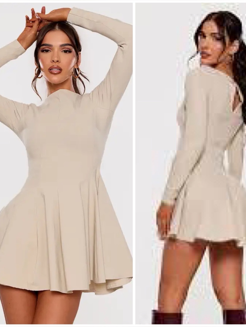 PrettyLittleThing Sone Stretch Woven Boat Neck Long Sleeve Pleated Shift Dress